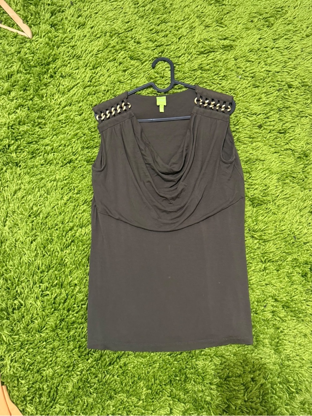 Drape Neck Black Sleeveless Top with Chain-Trim Shoulders
